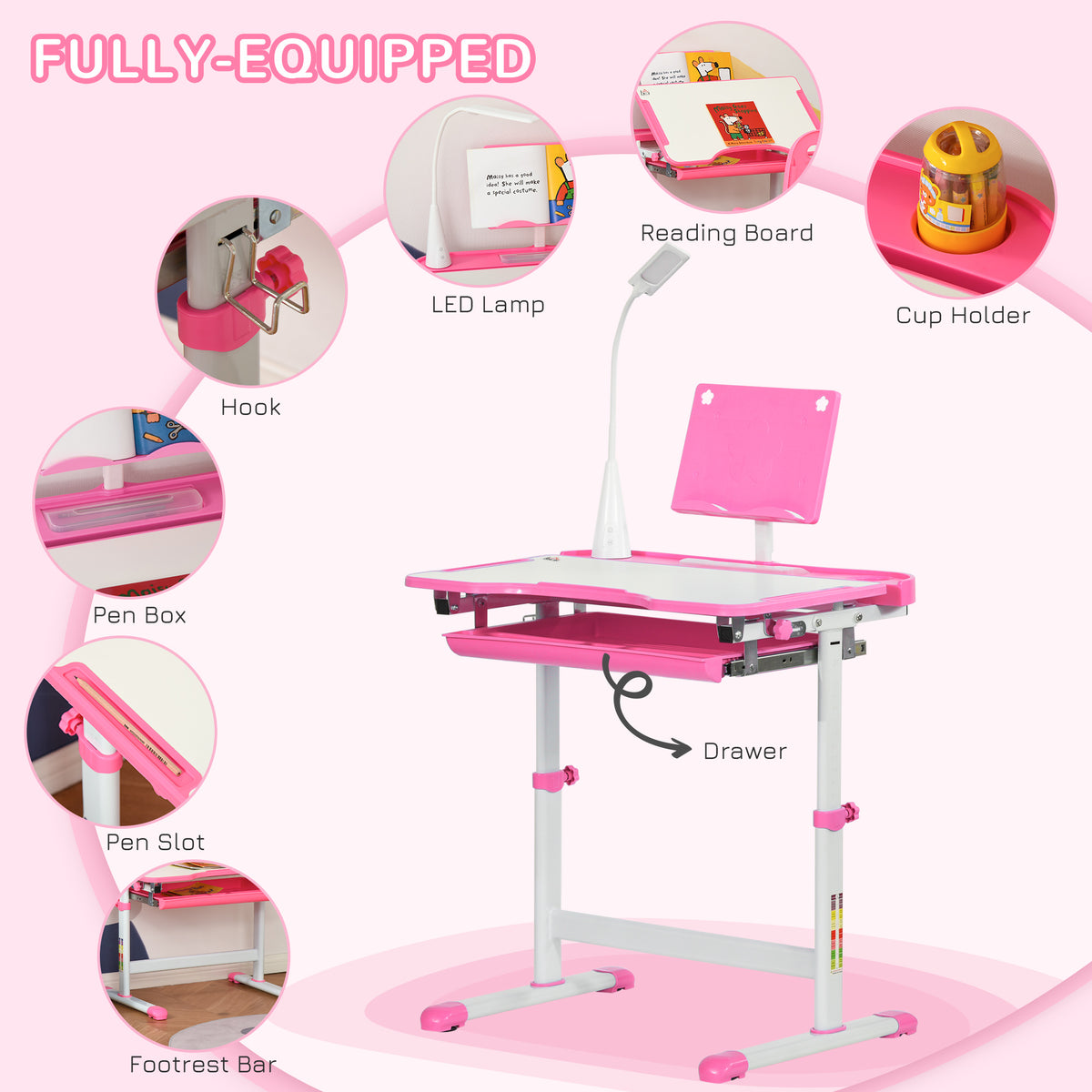 Pink adjustable kids' desk with LED lamp, reading board, cup holder, drawer and footrest bar
