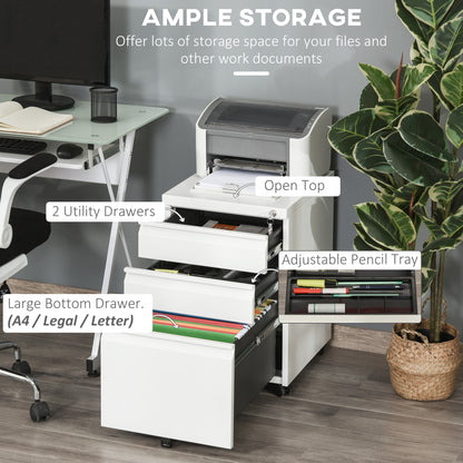 White three-drawer filing cabinet with open drawers and a removable pencil tray for office supplies.