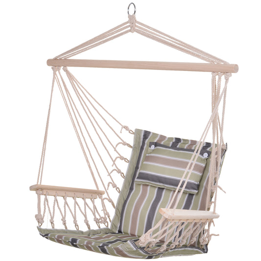 Photo of Outsunny Garden Outdoor Hanging Hammock Chair Thick Rope Frame Wooden Arms Safe  Garden Outdoor Spot Stylish Multicoloured stripes in stripes colour on a white background