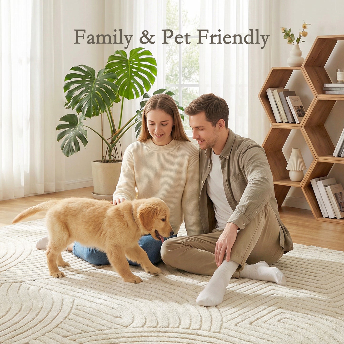 HOMCOM Modern Geometric Rug, Thick Plush, Non-Slip, 200 x 140 cm, Cream, Living Room, Bedroom, Office