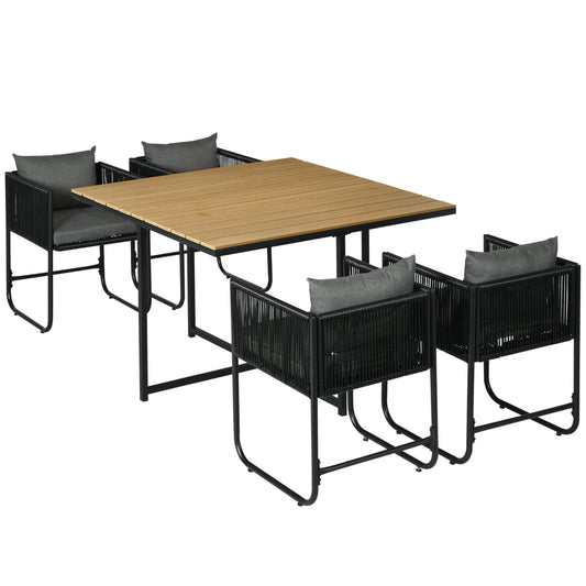 Photo of Outsunny 4 Seater Rattan Cube Garden Furniture Set, Rattan Dining Set with Cushions, Outdoor Dining Table and Chairs with Rectangular Wood Grain Plastic Top Table for Patio, Balcony, Black in Black colour on a white background