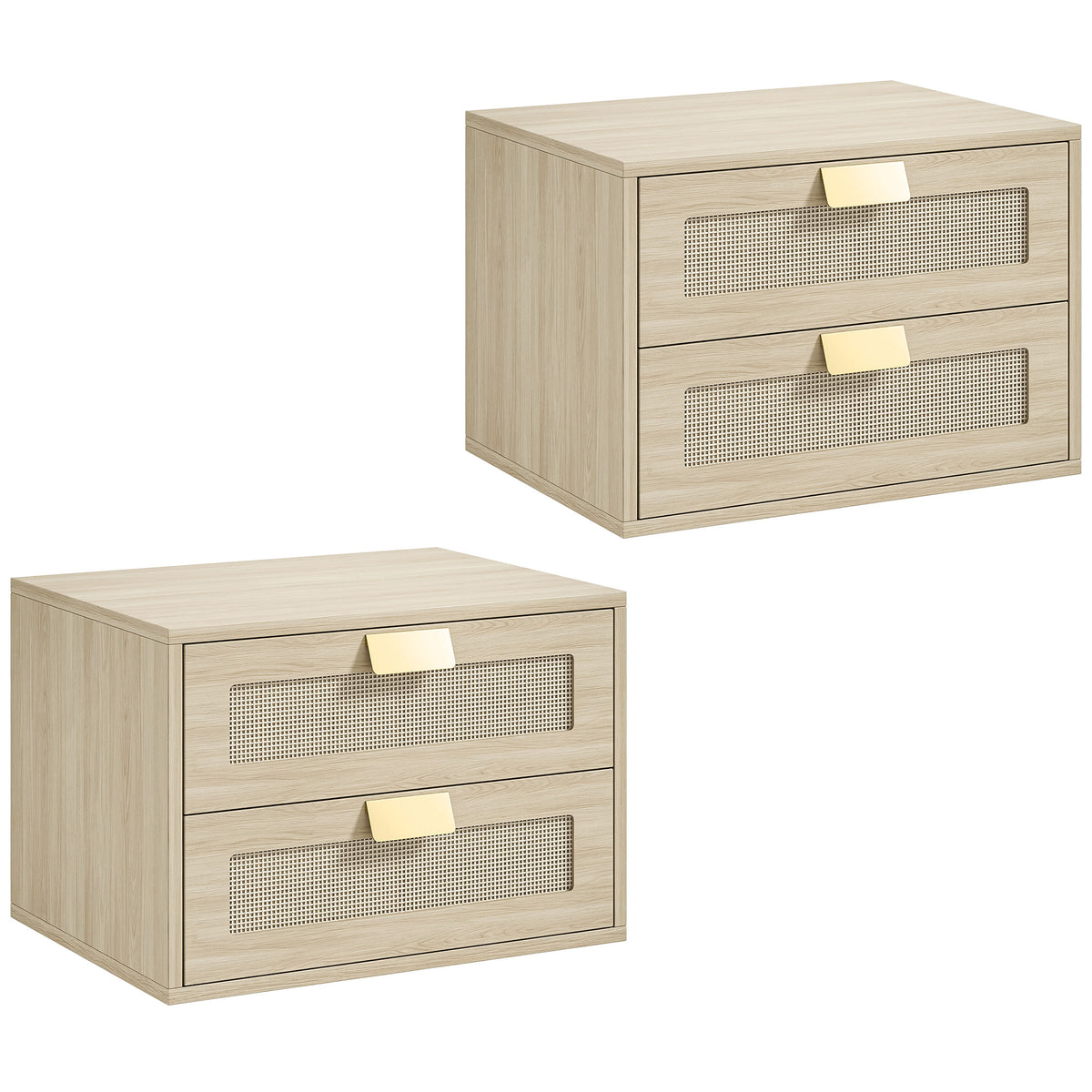 Photo of HOMCOM Modern Floating Nightstands Set of 2, Wall Mounted Bedside Tables with 2 Drawers, Oak in Oak colour on a white background