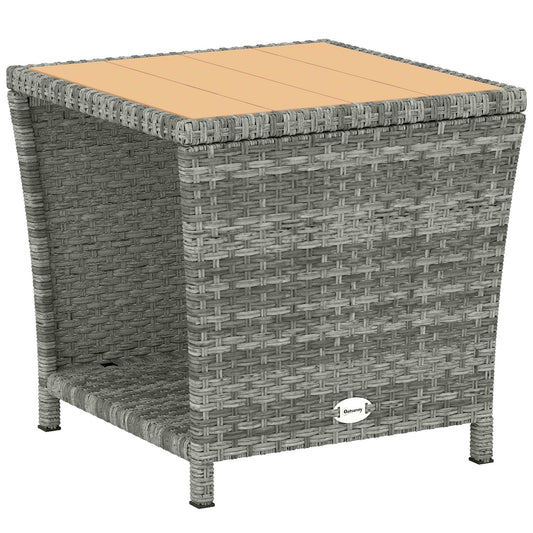 Photo of Outsunny Side Table 2-Tier Outdoor Coffee Table with Storage Shelf PS Wood Slat Top/Light Grey in Grey colour on a white background