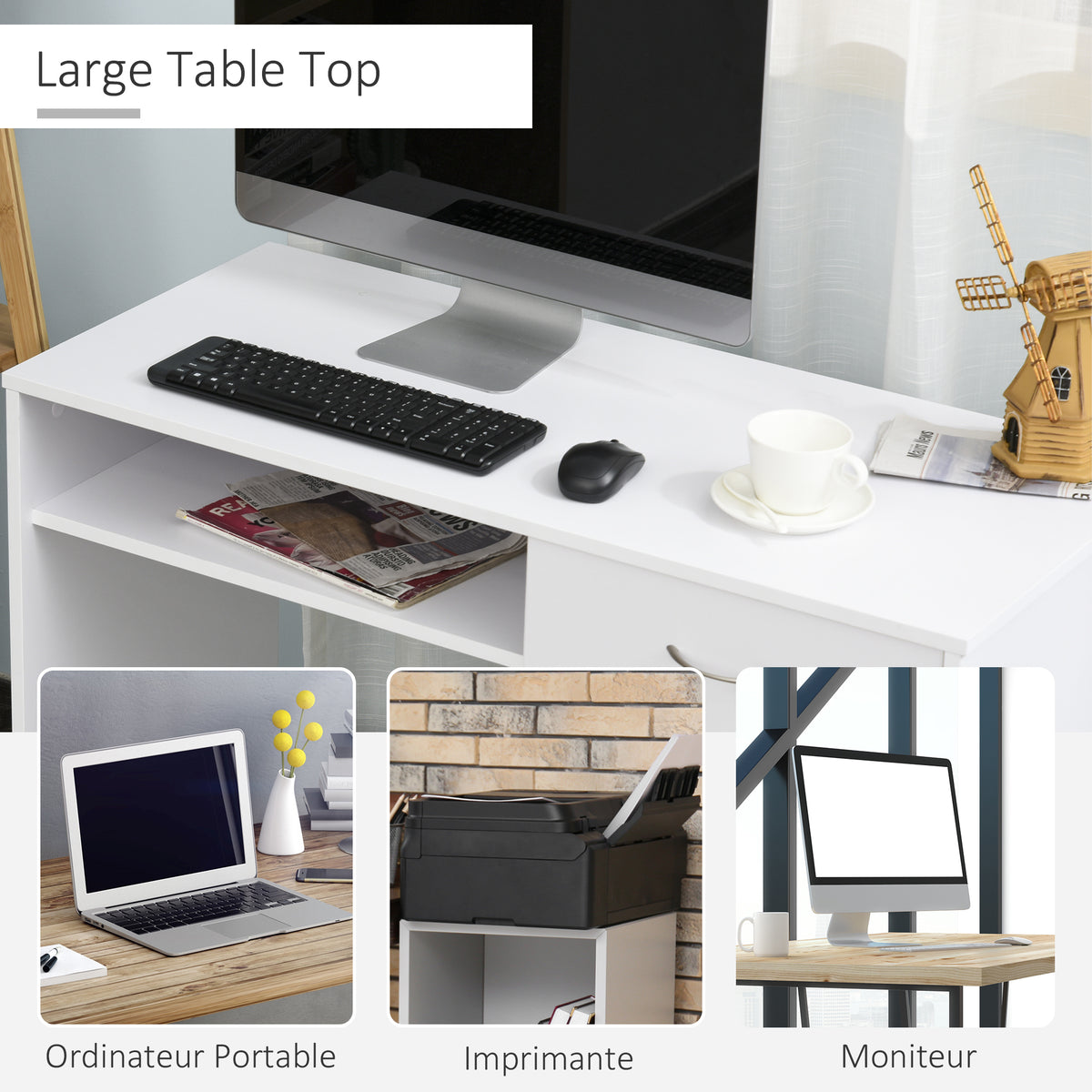 White computer desk with a wide tabletop, open shelf, and drawer.