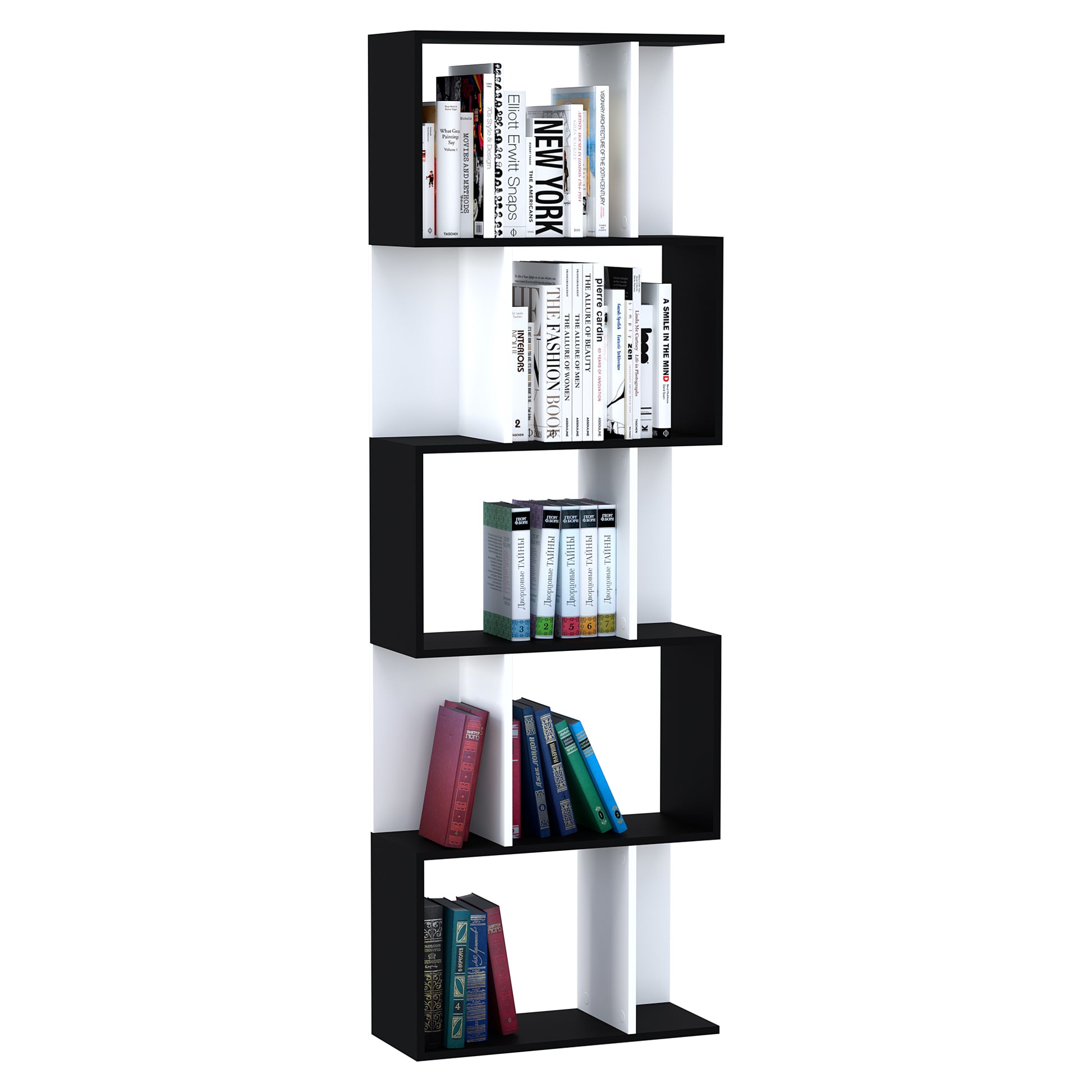 Photo of HOMCOM Bookcase, S-Shaped Wooden Bookshelf, 5/6 Tiers Freestanding Storage Shelf, Home Office Decorative Display Stand Rack, Black and White, 24D x 60W x 184.5H in 184.5H colour on a white background