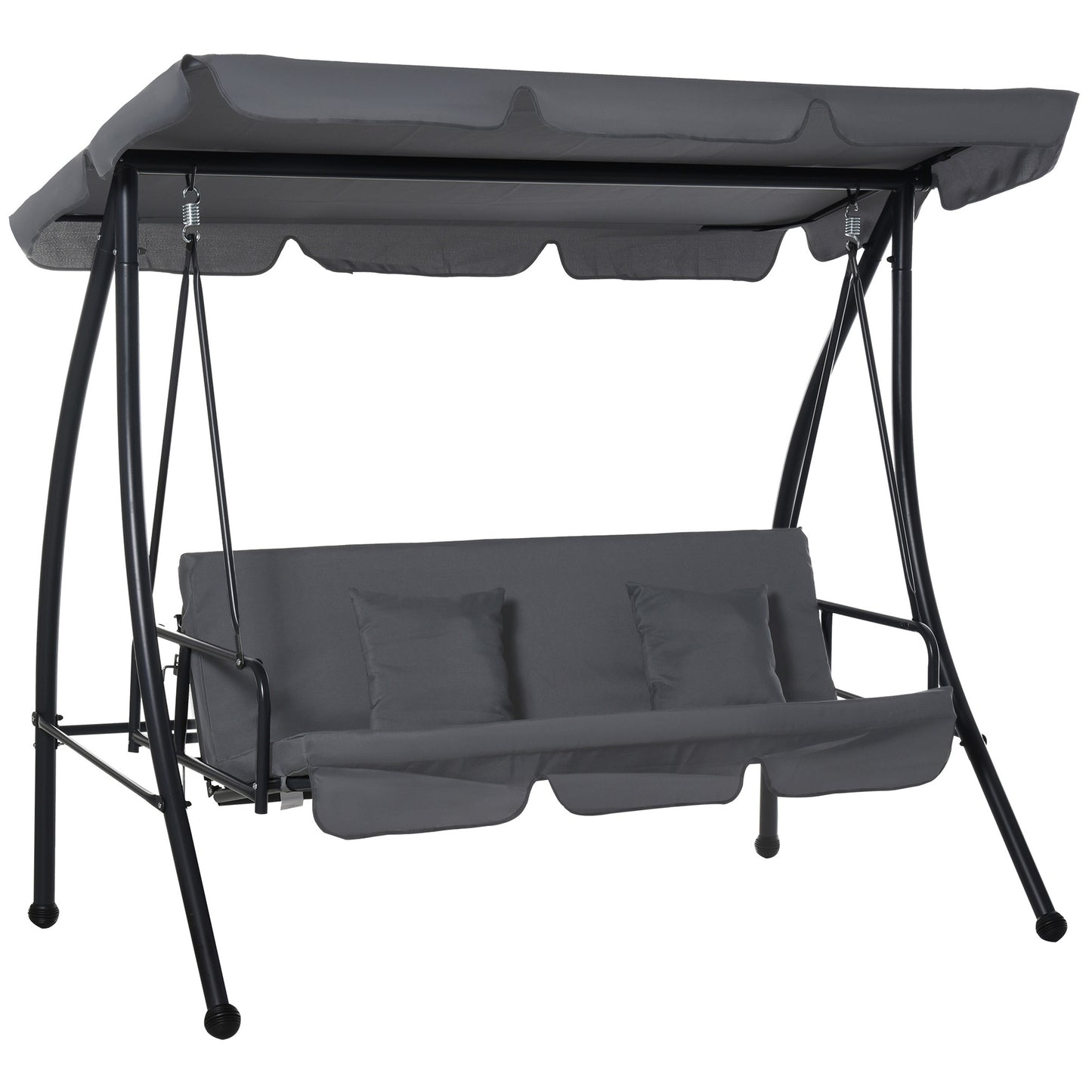 Photo of Outsunny Outdoor 2-in-1 Swing Chair Lounger 3 Seater Garden Swing Seat Bed Convertible Tilt Canopy W/ Cushion, Dark Grey in Grey colour on a white background