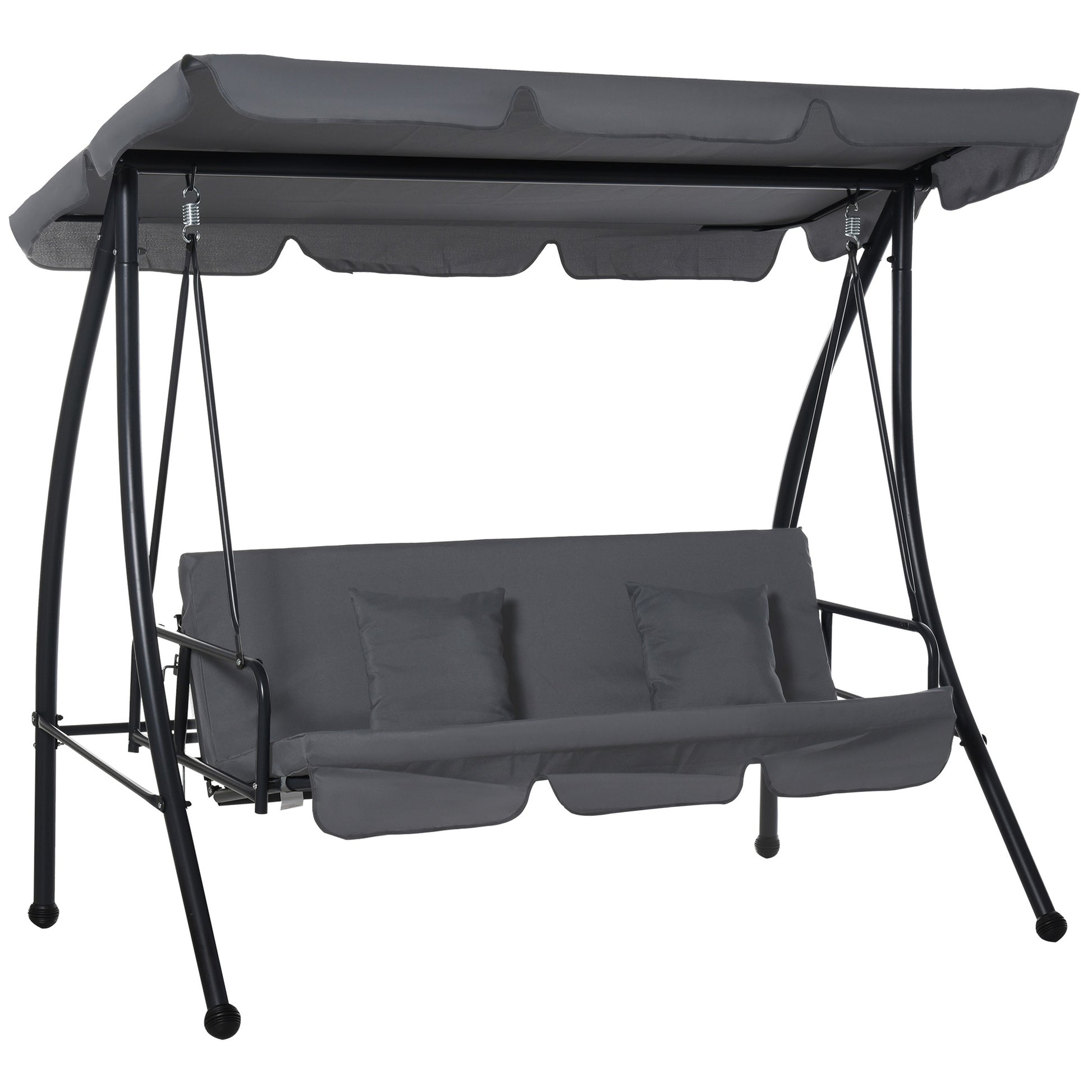 Photo of Outsunny Outdoor 2-in-1 Swing Chair Lounger 3 Seater Garden Swing Seat Bed Convertible Tilt Canopy W/ Cushion, Dark Grey in Grey colour on a white background