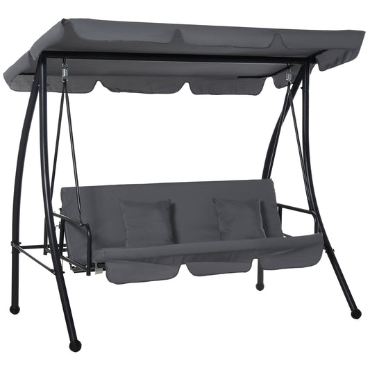 Photo of Outsunny Outdoor 2-in-1 Swing Chair Lounger 3 Seater Garden Swing Seat Bed Convertible Tilt Canopy W/ Cushion, Dark Grey in Grey colour on a white background