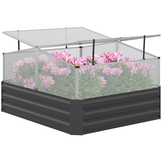 Photo of Outsunny Galvanised Raised Garden Bed, Outdoor Planter Box with Greenhouse and Cover for Vegetables, Flowers, Dark Grey in Grey colour on a white background