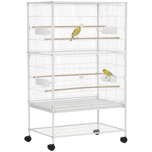 Photo of PawHut Large Bird Cage Budgie Cage for Finch Canaries Parakeet with Rolling Stand, Slide-out Tray, Storage Shelf, Food Containers, White in White colour on a white background