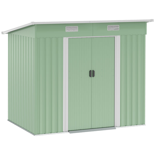 Photo of Outsunny 7 x 4ft Outdoor Garden Metal Storage Shed, Tool Storage Box for Backyard, Patio and Lawn, Light Green in Green colour on a white background