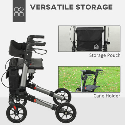 HOMCOM rollator walker with storage pouch and cane holder, shown from the side