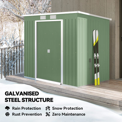 Green steel garden shed with closed door and galvanised metal construction.