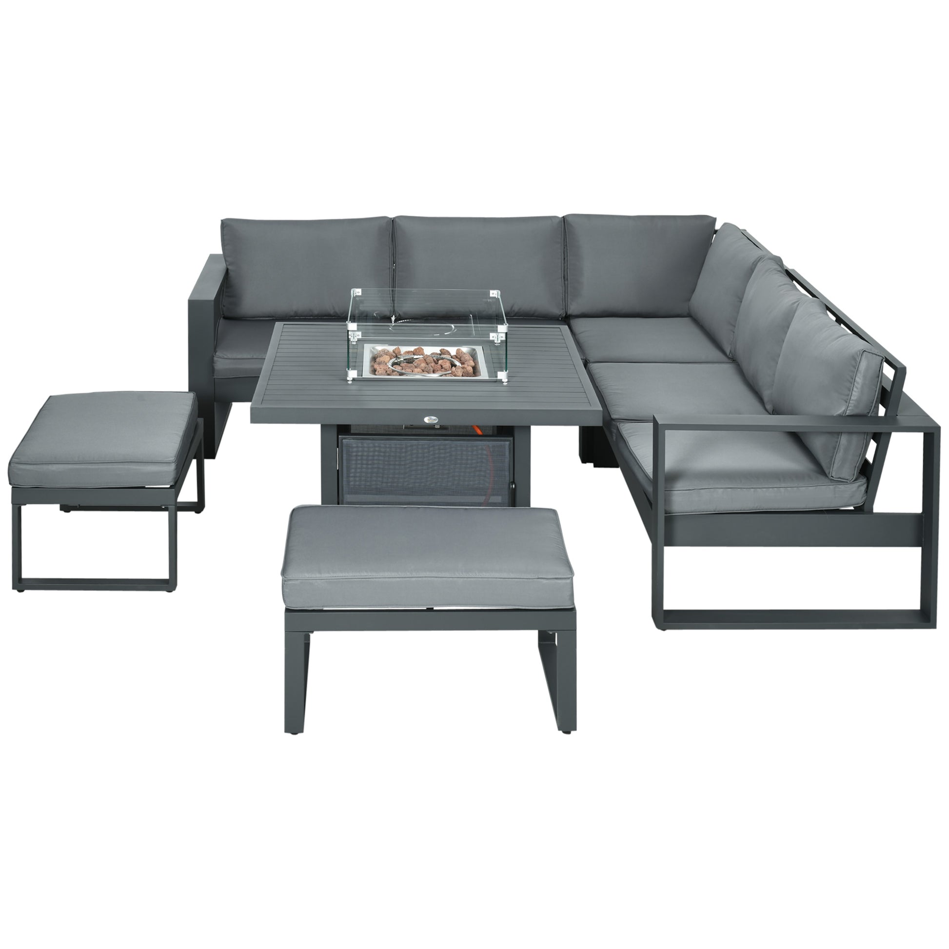 Photo of Outsunny 6-Piece Aluminium Garden Furniture Set with Fire Pit Table, Outdoor Dining Sofa Set with Cushions, Loveseats and Footstools, Sectional Corner Conservatory Furniture for Patio, Grey in Grey colour on a white background