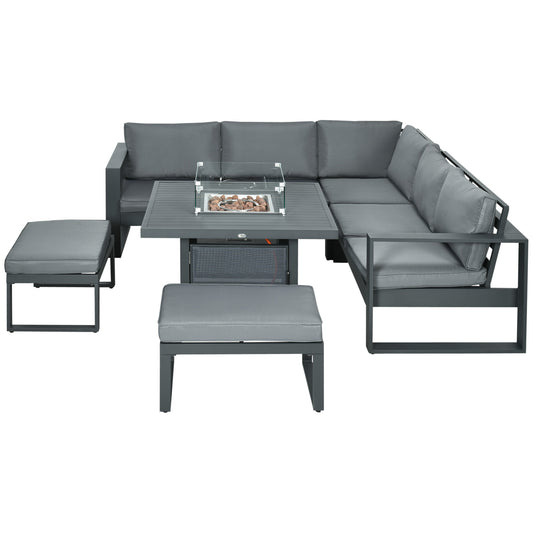 Photo of Outsunny 6-Piece Aluminium Garden Furniture Set with Fire Pit Table, Outdoor Dining Sofa Set with Cushions, Grey in Grey colour on a white background