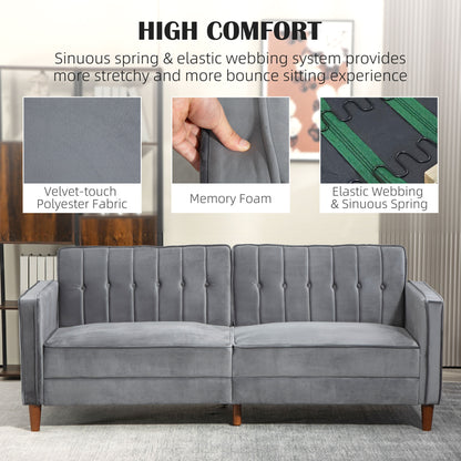 Gray velvet-feel sofa bed with tufted back, polyester fabric, foam, and spring webbing