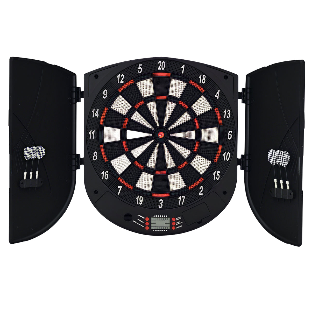 HOMCOM electronic dartboard with hinged storage cabinet doors and darts