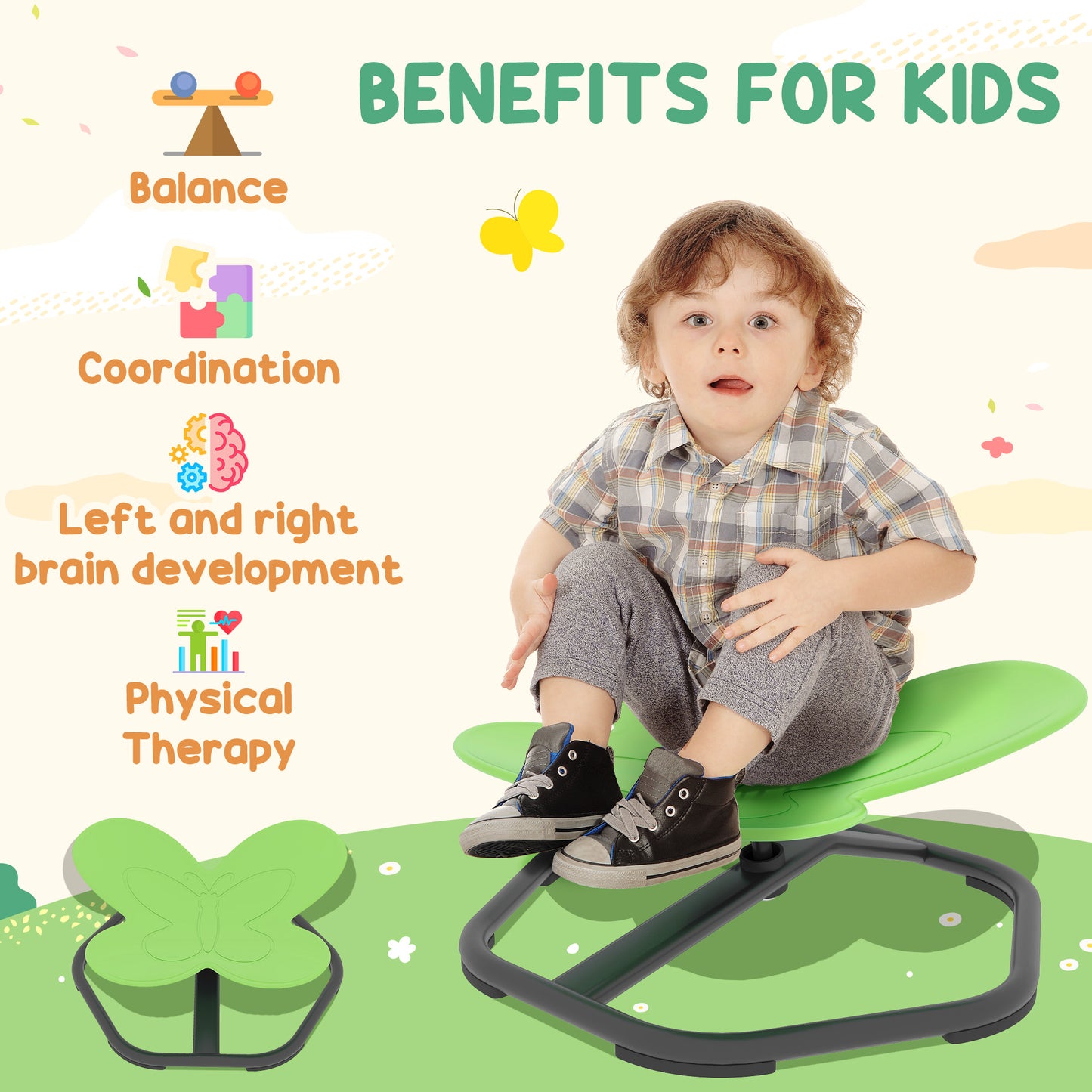 AIYAPLAY Butterfly-Shaped Kids Swivel Chair, Sensory Spinning Chair for Balance and Coordination Training, Green