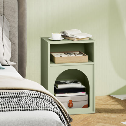 Light green bedside table with a tea tray in the upper compartment and a suitcase below