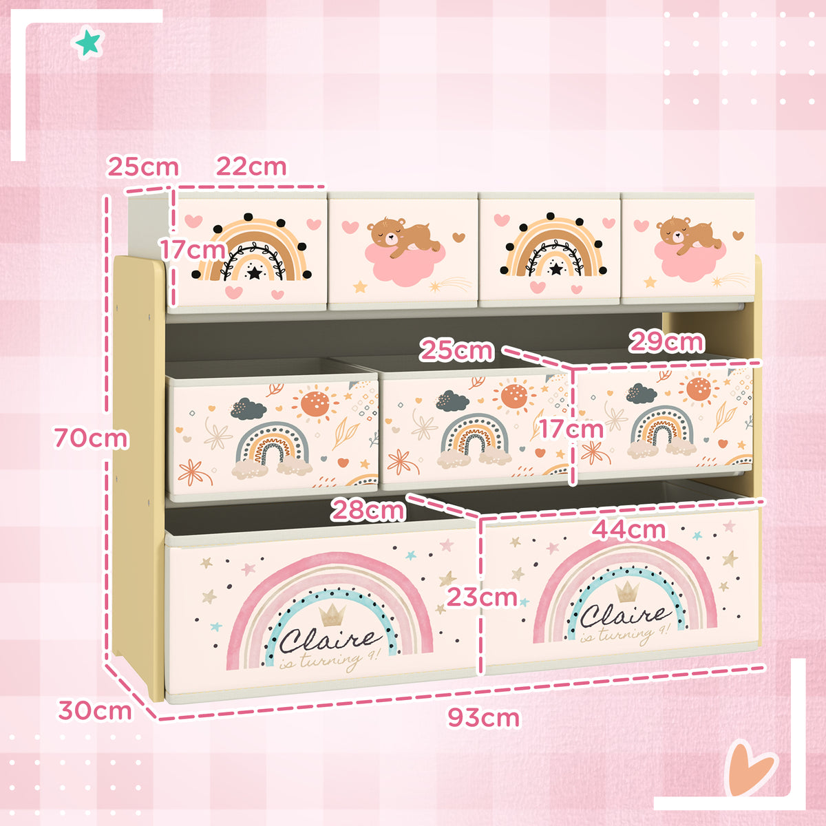AIYAPLAY kids storage unit with nine bins; dimensions show 93 cm wide and 70 cm high