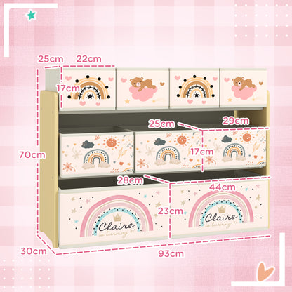 AIYAPLAY kids storage unit with nine bins; dimensions show 93 cm wide and 70 cm high