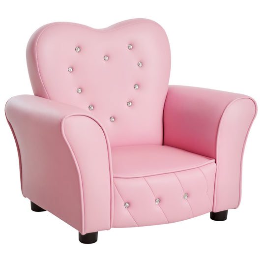 Pink toddler armchair with heart-shaped back, crystal-style buttons, padded arms and wooden legs