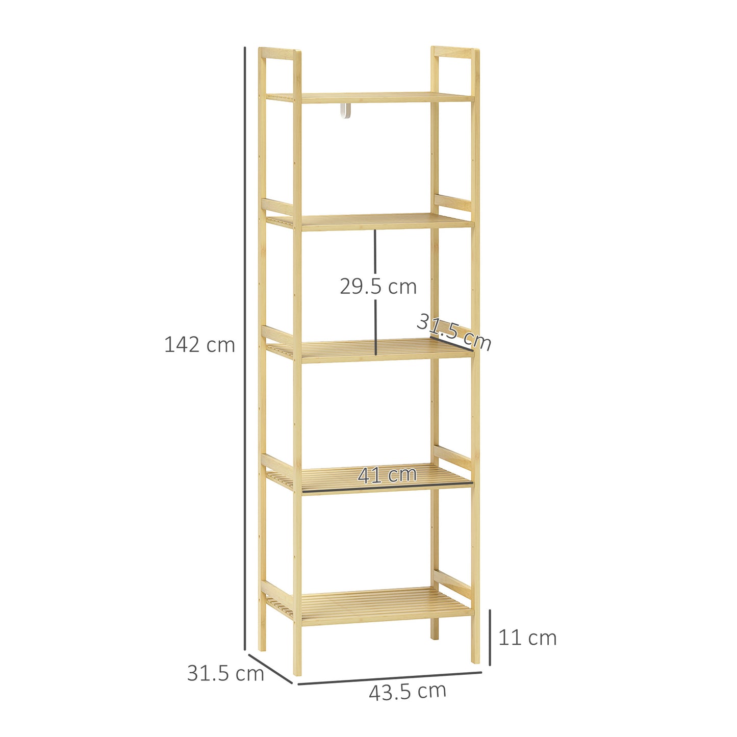 HOMCOM 5-Tier Bamboo Bathroom Storage Shelf, Freestanding Shelving Unit with Adjustable Rack for Kitchen Bathroom Living Room, Natural Wood Finish