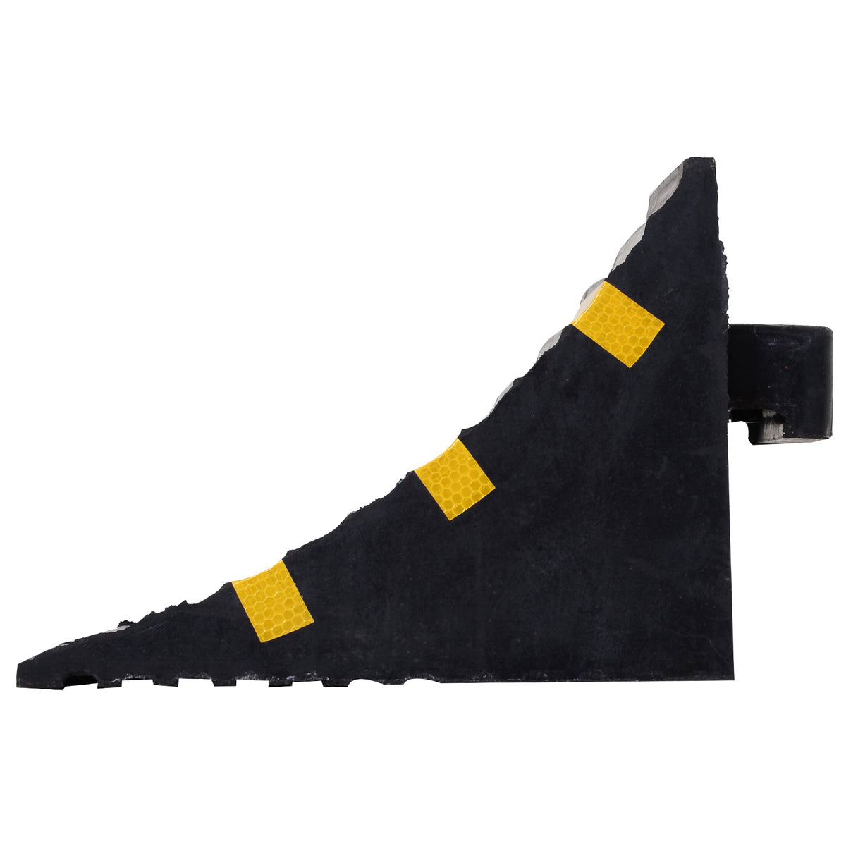 Side view of a rubber wheel chock with a sloped profile and yellow reflective patches