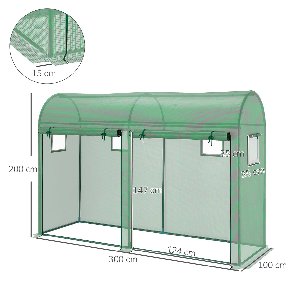 Green walk-in greenhouse with double doors, four windows, steel frame and PE cover; dimensions shown.