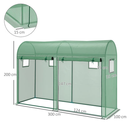 Green walk-in greenhouse with double doors, four windows, steel frame and PE cover; dimensions shown.