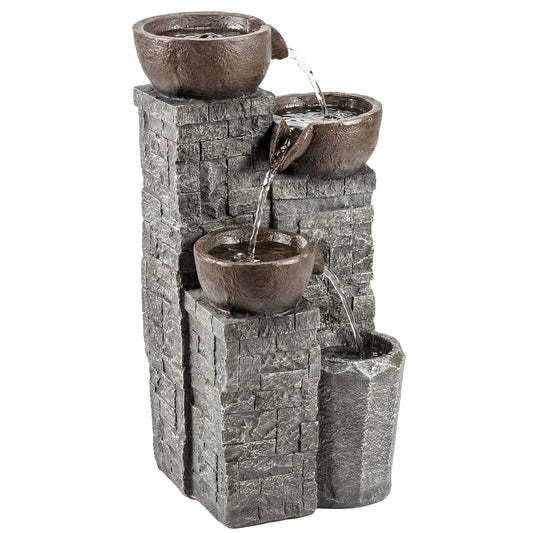 Photo of Outsunny 4-Tier Outdoor Fountain, Cascading Waterfall, Garden Fountain with LED Lights, Adjustable Flow, Grey and Rustic Brown in Brown colour on a white background