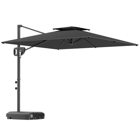 Photo of Outsunny Cantilever Parasol with Weighted Base Double Top Garden Parasol Square Hanging Patio Umbrella with Crank Tilt Dark Grey in Grey colour on a white background