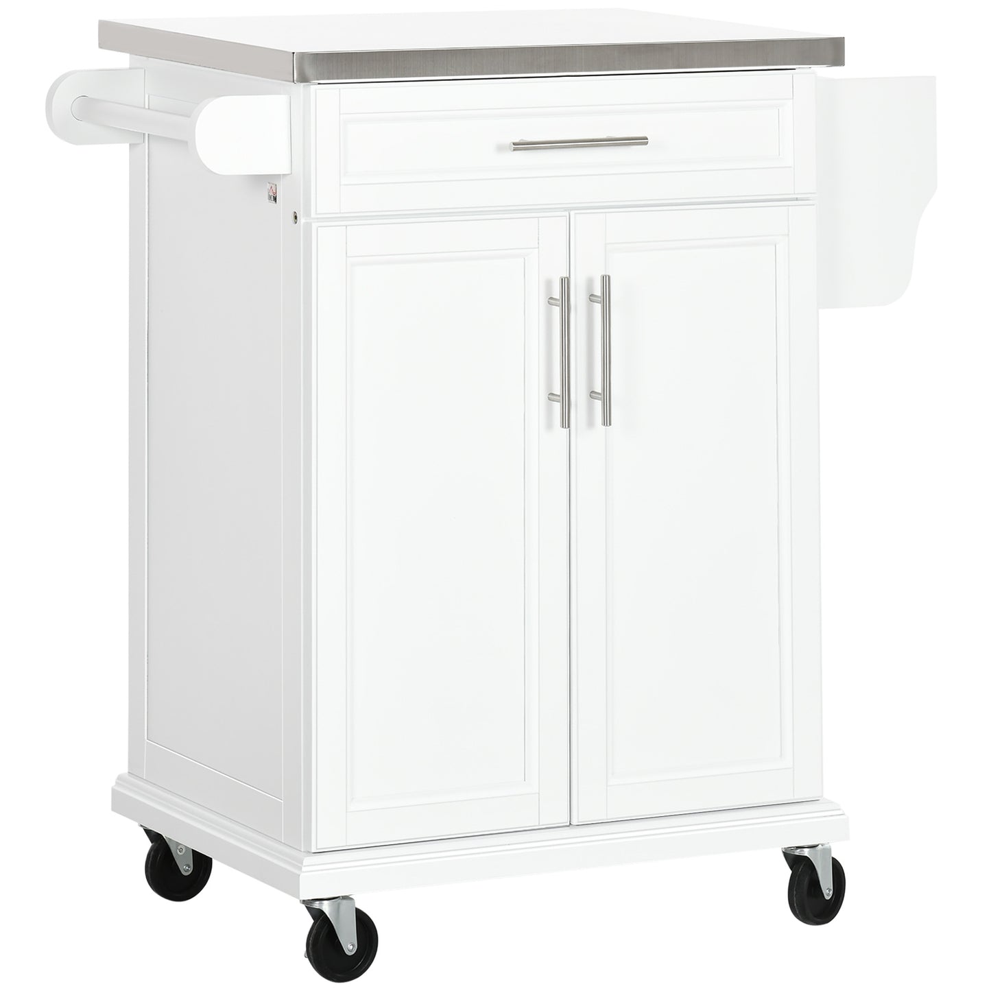Photo of HOMCOM Wooden Kitchen Island on Wheels, Serving Cart Storage Trolley with Stainless Steel Top, Drawer, Side Handle and Rack, White in White colour on a white background