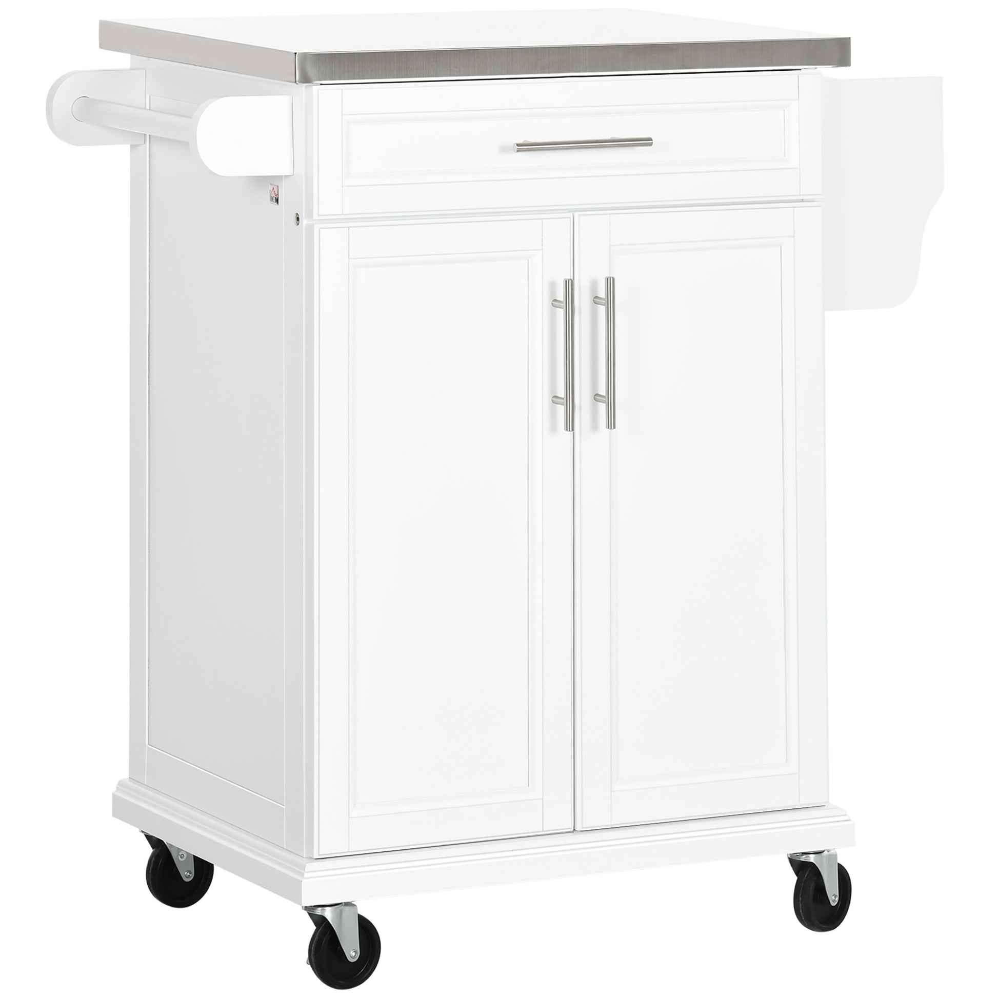 Photo of HOMCOM Wooden Kitchen Island on Wheels, Serving Cart Storage Trolley with Stainless Steel Top, Drawer, Side Handle and Rack, White in White colour on a white background