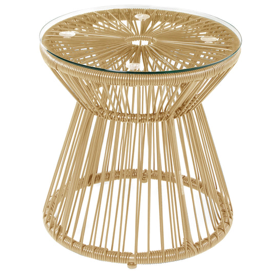 Photo of Outsunny Round End Table, Rattan Side Table, Hollow Drum Design Coffee Table w/ Glass Tabletop for Patio, Garden, Balcony Natural in Natural colour on a white background