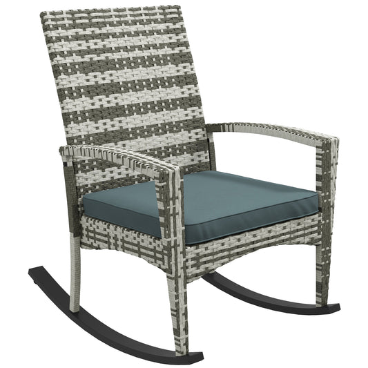 Photo of Outsunny PE Rattan Garden Rocking Chair, Outdoor Rocking with Cushion, 160 KG Capacity Wicker Garden Armchair Rocker with Metal Frame for Patio, Porch, Balcony, Light Grey in Grey colour on a white background