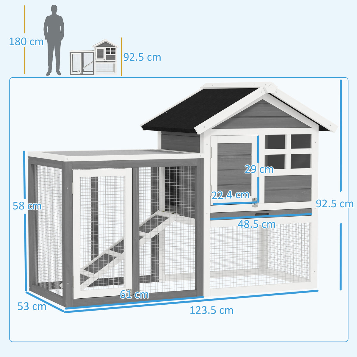 Rabbit hutch and run with dimensions marked, grey and white wood construction
