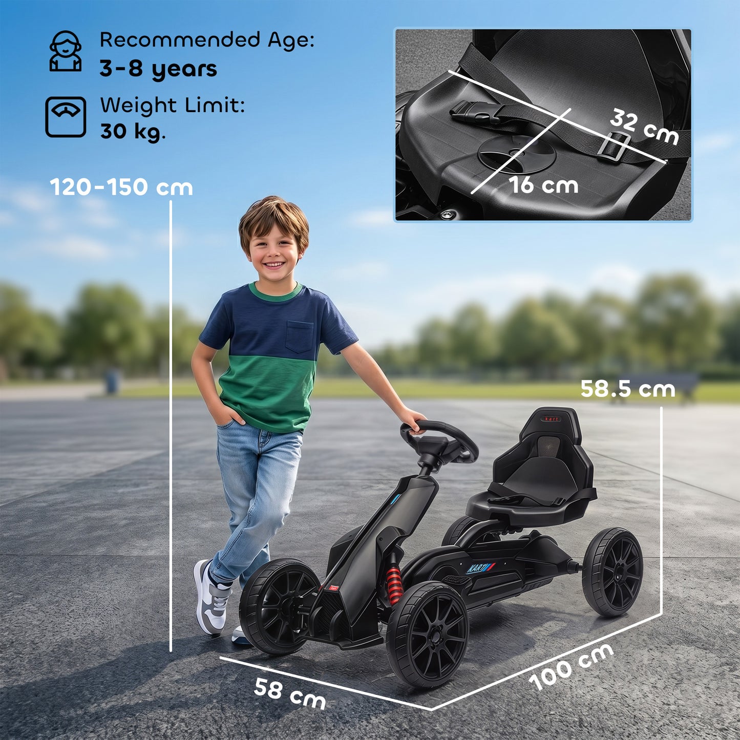 HOMCOM Kids Pedal Go Kart, with Adjustable Seat, EVA Wheels, Seat, Handbrake - Black