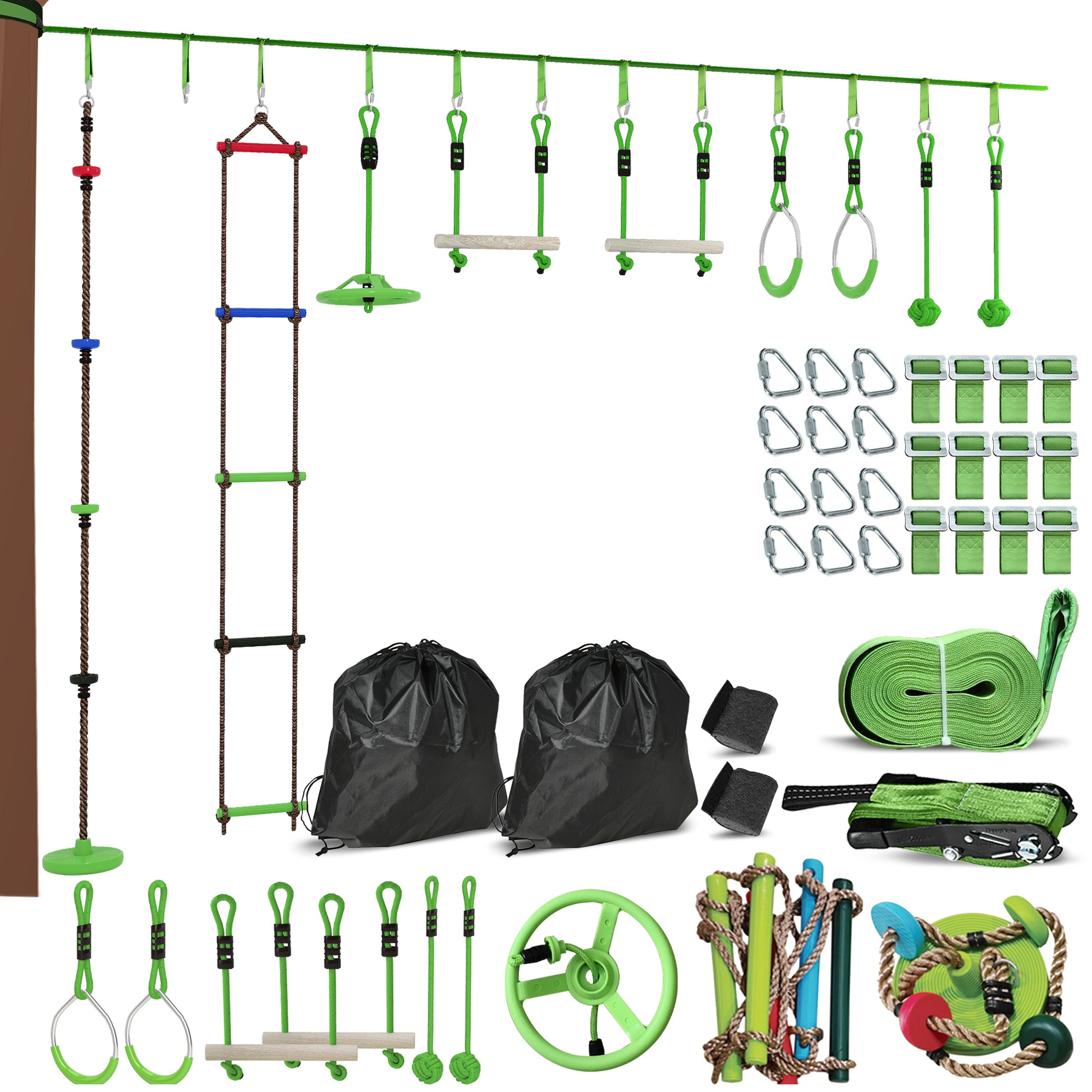 Photo of AIYAPLAY Obstacle course for Kids, with 10-Piece Slackline Kit with Monkey Bars, Gym Rings, Rope Ladder, Nest Swing, Hanging Tray in Tray colour on a white background