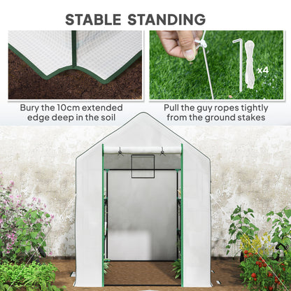 Walk-in greenhouse with extended cover edge and ground stakes for stability