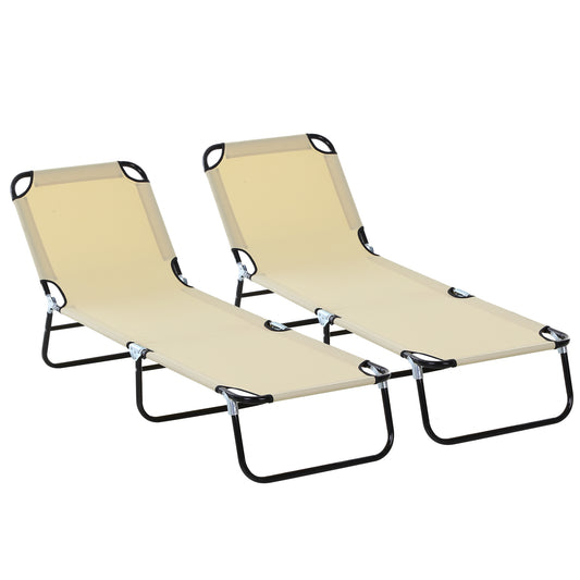 Photo of Outsunny 2 Piece Foldable Sun Loungers with 5-Position Adjustable Backrest, Outdoor Portable Recliner Chaise Lounge Chairs with Breathable Mesh Fabric, Beige in Beige colour on a white background