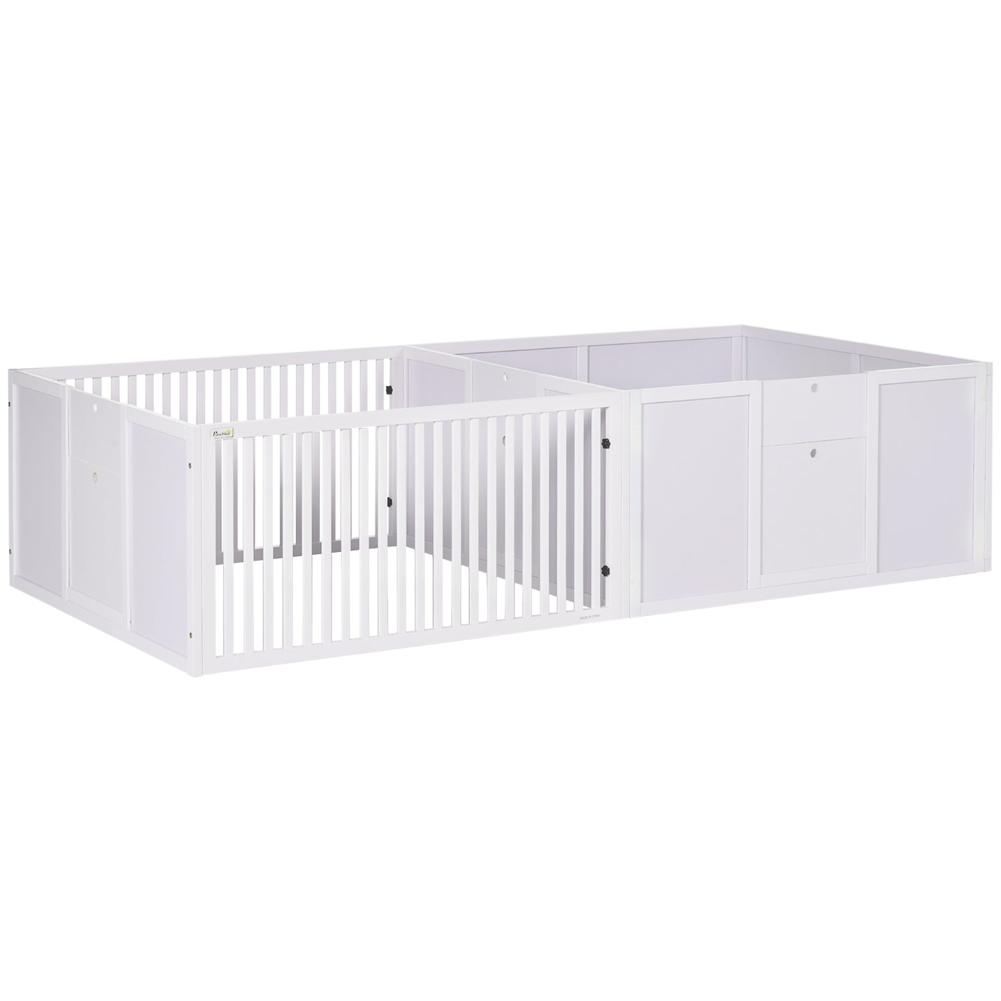 Photo of PawHut 7 Panels Playpen with 3 Doors for Baby Dogs, Two-Room Design Puppy Whelping Box - White in White colour on a white background