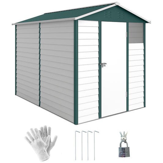 Green and white metal garden shed with a sloped roof, lockable door, gloves, stakes and padlock.
