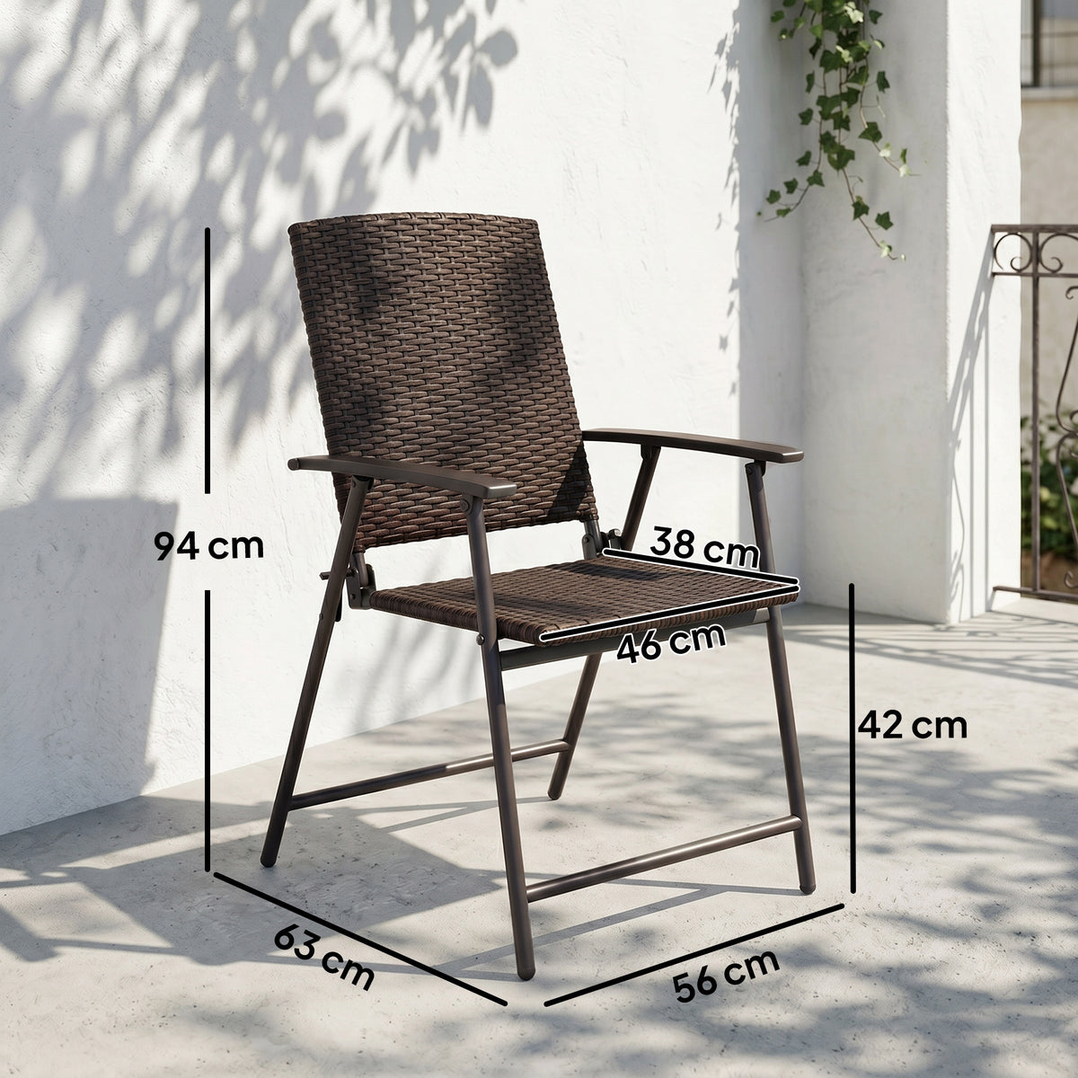 Brown folding rattan chair with dimensions marked for seat, height, and base