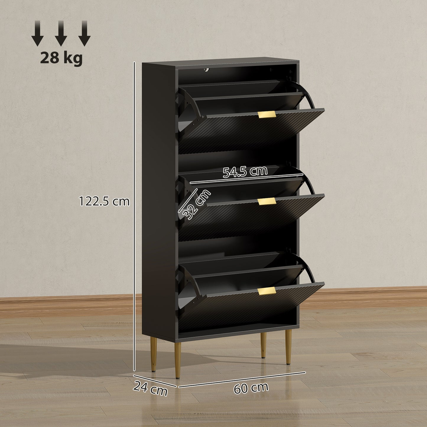 HOMCOM Elegant Three-Drawer Shoe Cabinet - Black