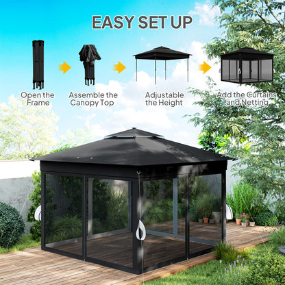 Black gazebo with mesh netting shown assembled and in setup stages