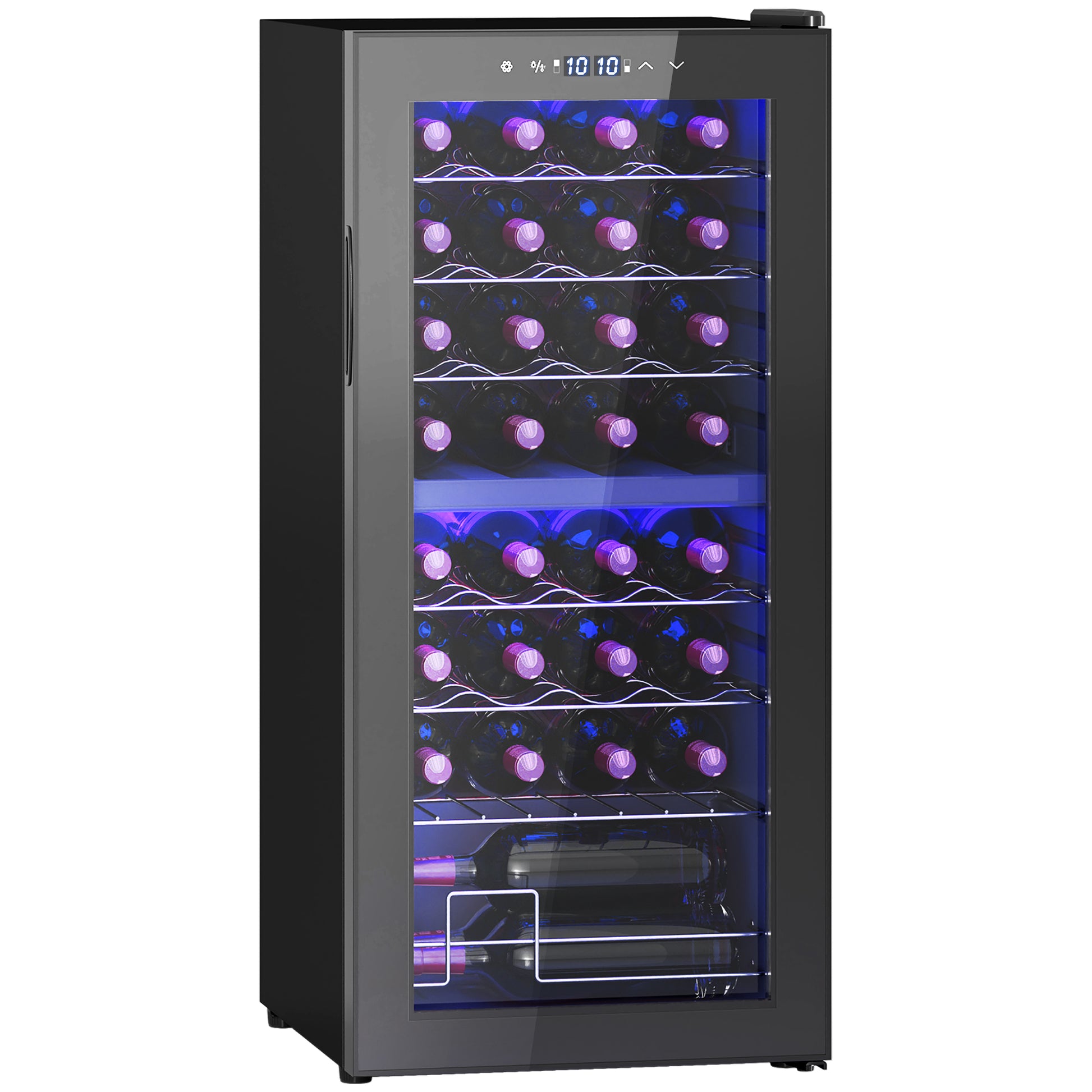 Photo of HOMCOM 32-Bottle Narrow Wine Fridge, with Lights - Black in Black colour on a white background