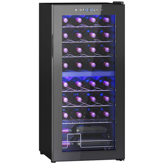 Photo of HOMCOM 32-Bottle Narrow Wine Fridge, with Lights - Black in Black colour on a white background