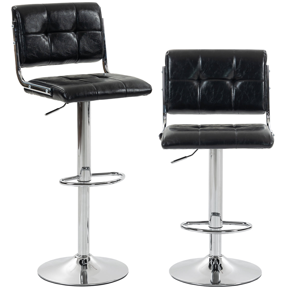 Photo of HOMCOM Bar Stools Modern PU Leather Adjustable Breakfast Bar Stools Backrest Set of 2 Black in Black colour on a white background