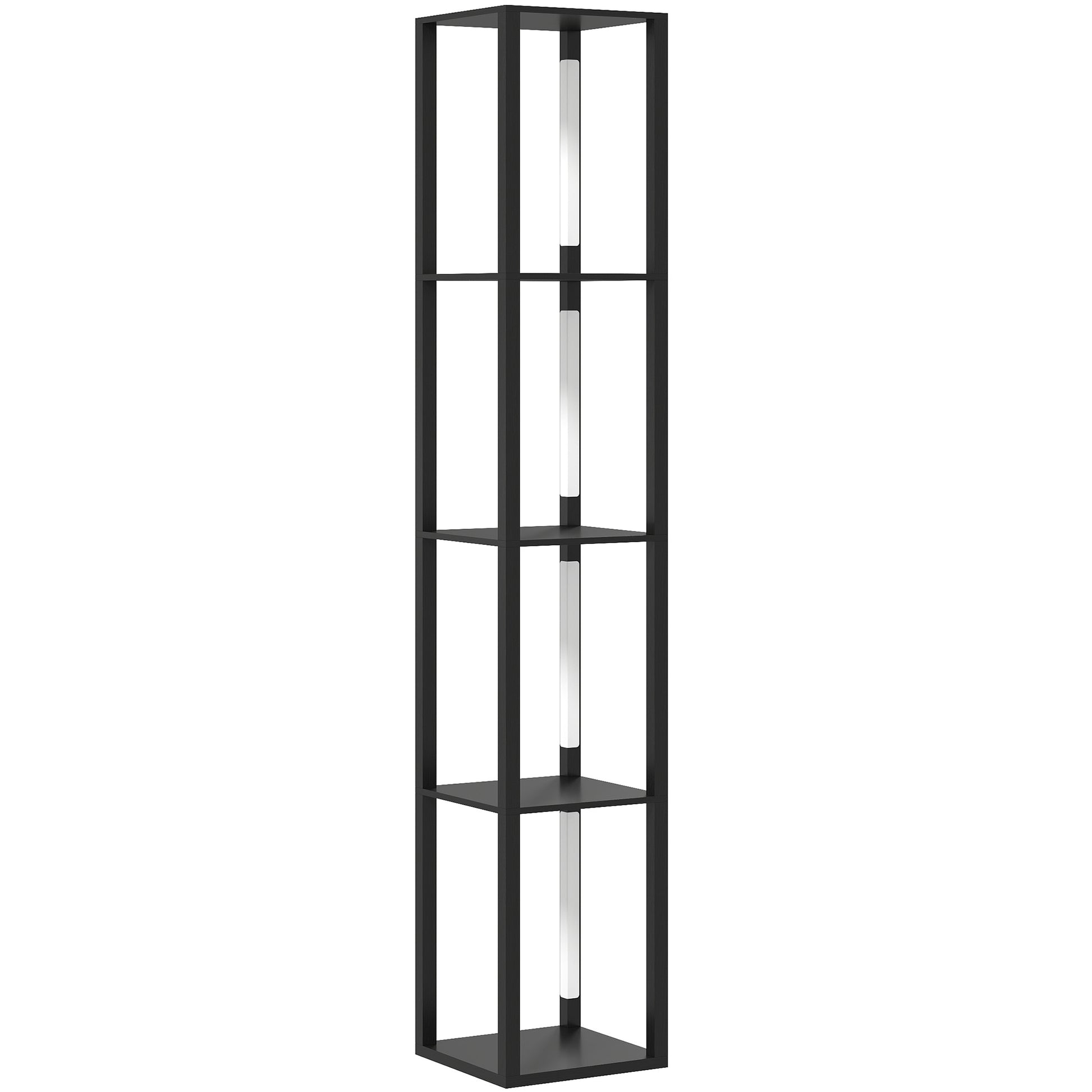 Photo of HOMCOM LED Floor Lamp with Shelves, Modern Dimmable Standing Lamp with 3 Brightness Levels and Foot Switch for Living Room, Bedroom, Office, Black in Black colour on a white background